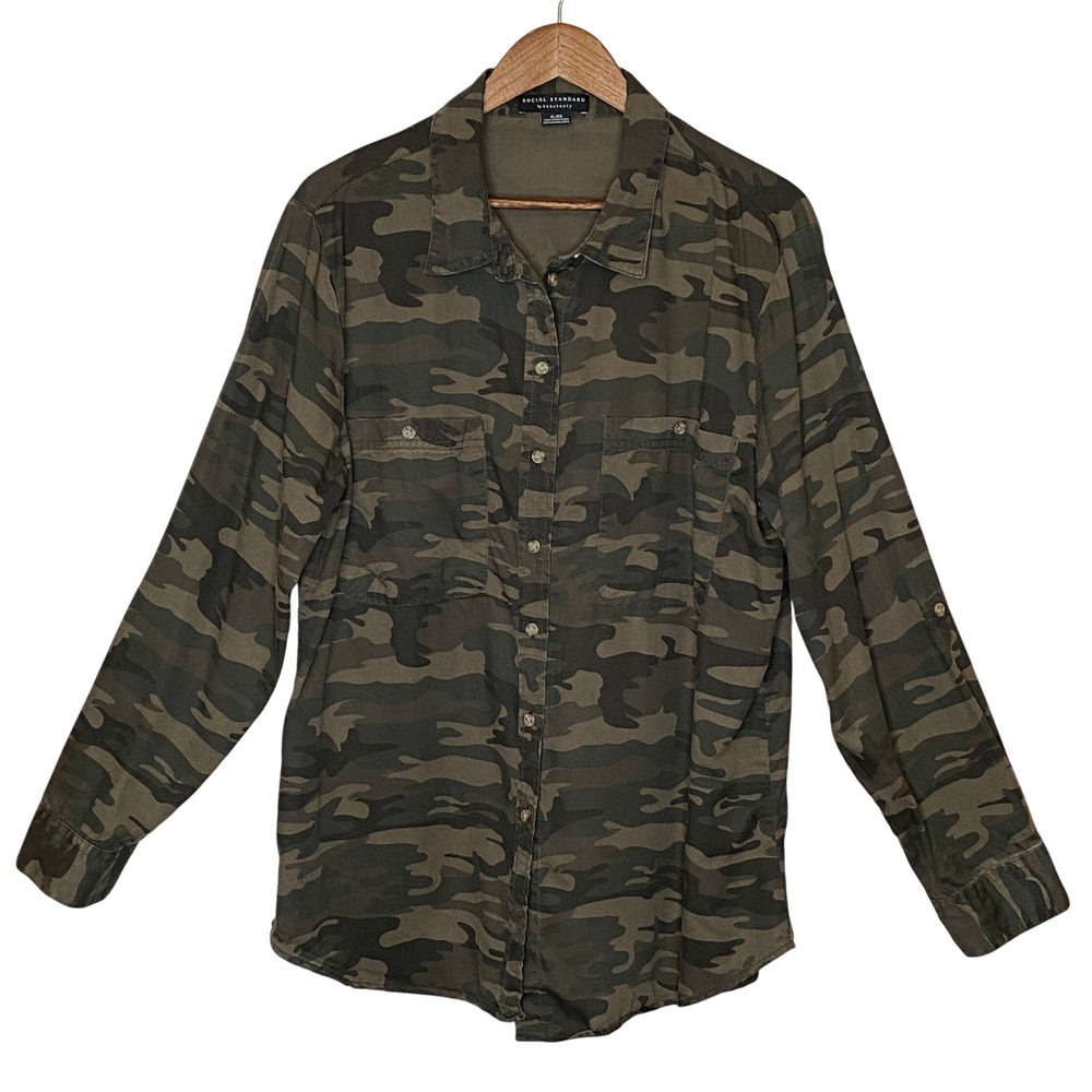 Social Standard Sanctuary Womens Camo Shirt XL Roll Tab Utility Military Grunge